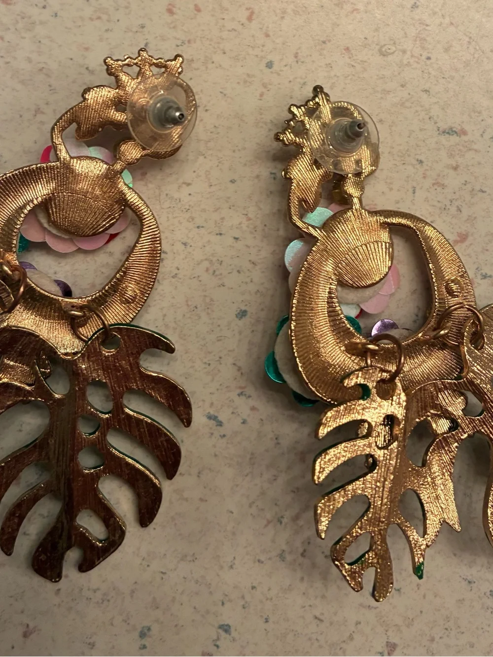 Colorful Tropical Floral Drop Earrings in Green and Pink